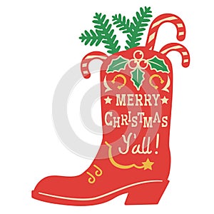 Cowboy Christmas. Vector vintage illustration with Cowboy Country boot and holiday decoration on white background for design