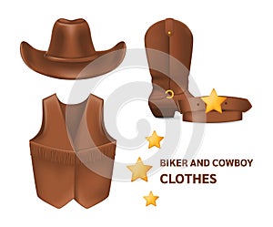 Cowboy clothes hat, vest, boots, belt vector isolated mock up