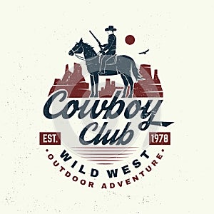 Cowboy club badge. Ranch rodeo. Vector. Concept for shirt, logo, print, stamp, tee with cowboy and shotgun. Vintage