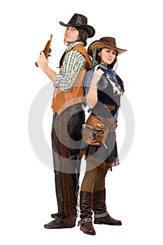Cowboy and cowgirl with a guns