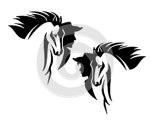 Cowboy, cowgirl and horse head black vector portrait