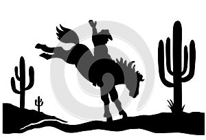 Cowboy driving wild horse black silhouette. American Desert with cactuses. Vector wild west silhouette of Arizona Desert Graphic