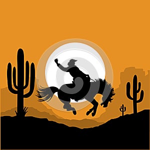 Cowboy driving wild horse silhouette. American Desert with cactuses and sunrise. Vector silhouette of Arizona Desert Graphic
