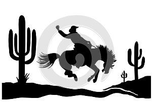 Cowboy driving wild horse silhouette. American Desert with cactuses. Vector Black silhouette of Arizona Desert Graphic