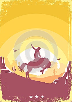 Cowboy driving wild horse silhouette . Vector Arizona desert poster background for text. Wild West illustration on American