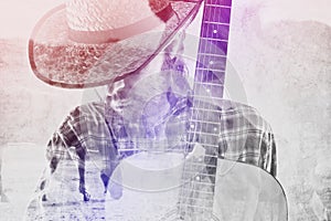 Cowboy Farmer with Guitar and Straw Hat on Horse Ranch