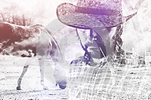 Cowboy Farmer wearing Straw Hat on Horse Ranch