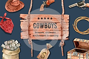 Cowboy frame design with hat, gun, money, scarf watercolor illustration