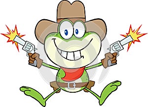 Cowboy Frog Cartoon Character Shooting With Two Guns