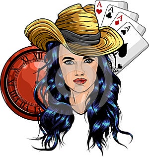 Cowboy girl face with hat. Vector. Illustration.