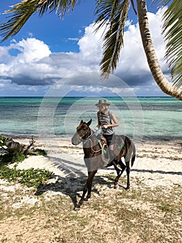 Cowboy girl on a horse under a palm tree.