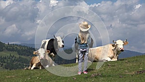 Cowboy Girl Pasturing Cows, Farmer Child with Cattle, Cowherd Kid on Field 4K