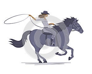 A cowboy girl rides a horse on white background