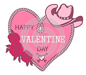 Cowboy Happy Valentine day. Country Farm with Cowboy hat and text rope heart decoration. Pink vector illustration background