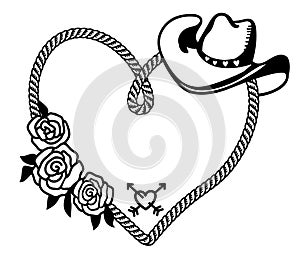 Cowboy Happy Valentine day. Country Farm with Cowboy hat and text rope heart decoration. Vector illustration background isolated