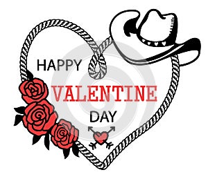 Cowboy Happy Valentine day. Country Farm with Cowboy hat and text rope heart decoration. Vector illustration background isolated