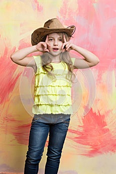 Cowboy hat on adorable girl wearing american outfit beauty and fashion