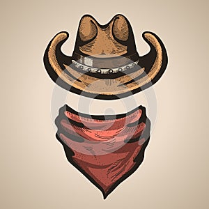 Cowboy hat and bandana scraf.Vector illustration