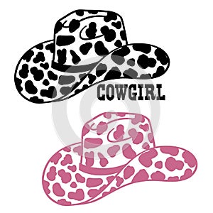 Cowboy hat cow print decoration. Vector Western Cowgirl hat with cow decor isolated on white. Cut file Hand drawn illustration