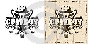 Cowboy hat and crossed pistols vector emblem