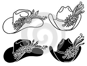 Cowboy hat with flowers. Set of vector Western hats floral isolated on white