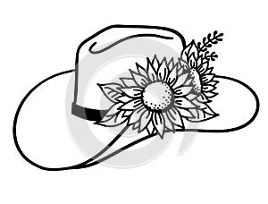 Cowboy hat with flowers. Vector Western hat with sunflowers isolated on white