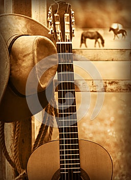 Cowboy hat and guitar.American music background