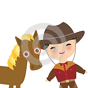 Cowboy with hat and horse boy in national costume and hat. Cartoon children in traditional dress. Isolated on white background. Ve