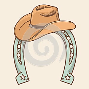 Cowboy hat and horseshoe symbol Rodeo. Vector color illustration cowboy stuff for deign isolated