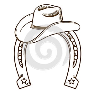 Cowboy hat and horseshoe symbol. Vector illustration cowboy stuff for Rodeo isolated on white