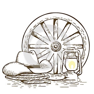 Cowboy hat and lasso. Vector Wild West vintage graphic hand drawn illustration of Cowboy Ranch Concept isolated on white