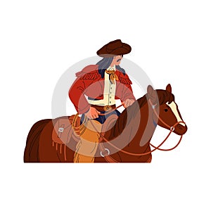 Cowboy in hat rides horseback. Western horseman holds snaffle, rider walking by horse. American wild west equestrian