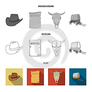 Cowboy hat, is searched, cart, bull`s skull. Wild West set collection icons in flat,outline,monochrome style vector