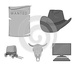 Cowboy hat, is searched, cart, bull`s skull. Wild West set collection icons in monochrome style vector symbol stock