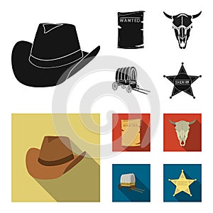 Cowboy hat, is searched, cart, bull skull. Wild West set collection icons in black, flat style vector symbol stock