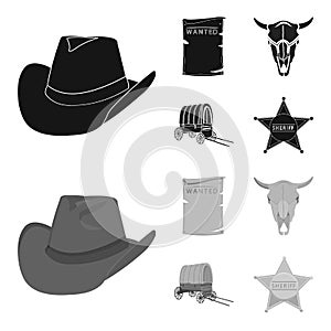 Cowboy hat, is searched, cart, bull skull. Wild West set collection icons in black,monochrom style vector symbol stock