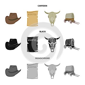 Cowboy hat, is searched, cart, bull skull. Wild West set collection icons in cartoon,black,monochrome style vector