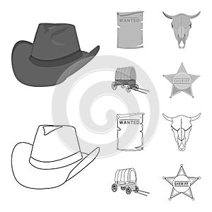 Cowboy hat, is searched, cart, bull skull. Wild West set collection icons in outline,monochrome style vector symbol