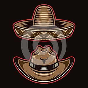 Cowboy hat and sombrero vector objects or design elements in colorful style on dark background. Set of western headdress photo