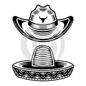 Cowboy hat and sombrero vector objects or design elements in vintage monochrome style isolated on white background. Set photo