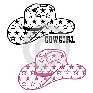 Cowboy hat with stars decoration. Vector Western Cowgirl hat with stars isolated on white. Cut file Hand drawn illustration photo