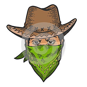 Cowboy head bandit mask bandana sketch engraving