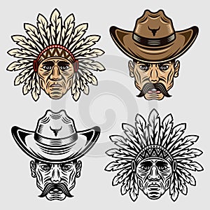Cowboy head and chief head. Set of vector objects or design elements in two styles black and colorful