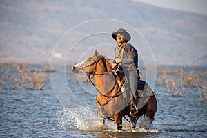 Cowboy on his horse walking through dust in the lake