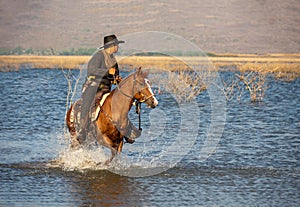 Cowboy on his horse walking through dust in the lake