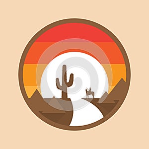 Cowboy on a horse in the desert, cactus, sunset. Vector illustration of round background
