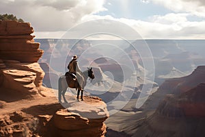 cowboy on the horse at edge of the grand canyon, neural network generated photorealistic image photo