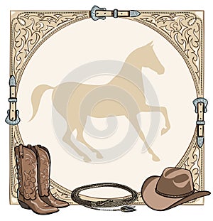 Cowboy horse equine riding tack tool in the western leather belt frame.