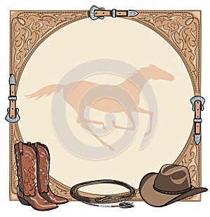 Cowboy horse equine riding tack tool in the western leather belt frame. Western boot, hat, lasso rope and galloping horse.