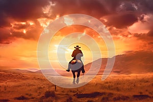 cowboy on a horse in a field rides at sunset background. wild west wallpaper. Generative AI
